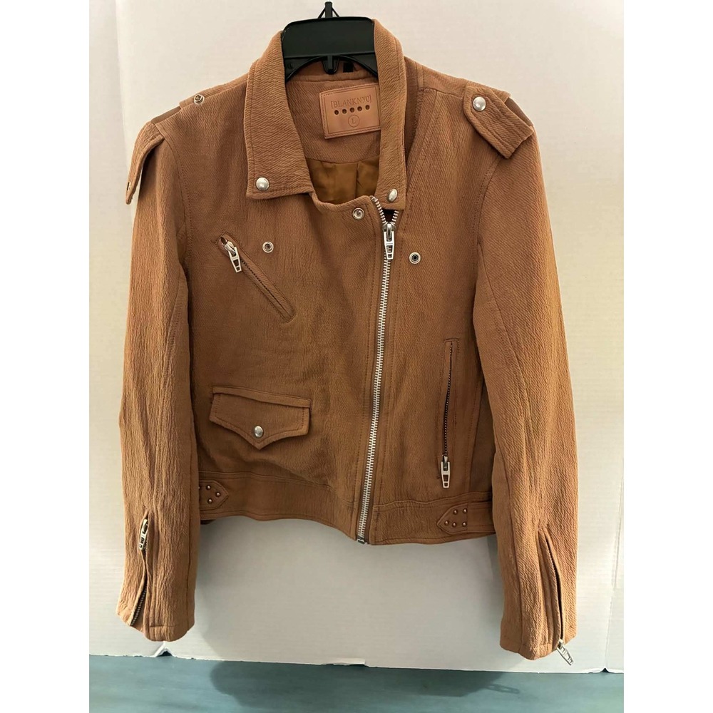 Blank NYC Moto Jacket Womens L Tan Brown Textured Biker Studded Zip Cropped